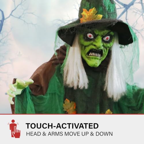 Talking Forest Witch Halloween Animatronic with Movement and Lights for Battery Operated Scary Indoor or Covered Outdoor Halloween Decorations (6FT Standing Witch)