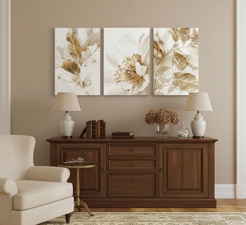 3 Pcs Modern White Gold Floral Leaves Canvas Wall Art 16x24in (3 Count)