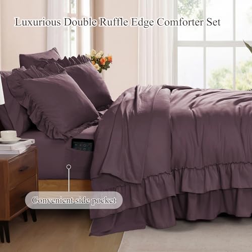 King Size Comforter Set Dark Purple Ruffle 7 Pieces Farmhouse Bed in a Bag