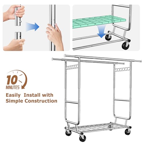 Heavy Duty Clothes Rack 650LBS Double Rods with Shelf Collapsible