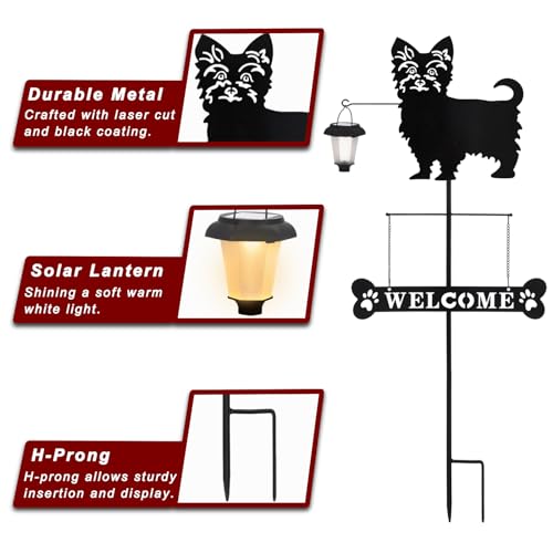 Solar Yorkie Silhouette Dog Breed Welcome Sign with a Lantern