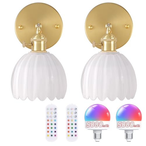 Vintage Battery Operated Wall Sconce with White Tulip Glass Lampshade 5000 mAh Rechargeable Battery Powered Wall Light with Remote Control for Bedside Bedroom Doorway (2 Count)