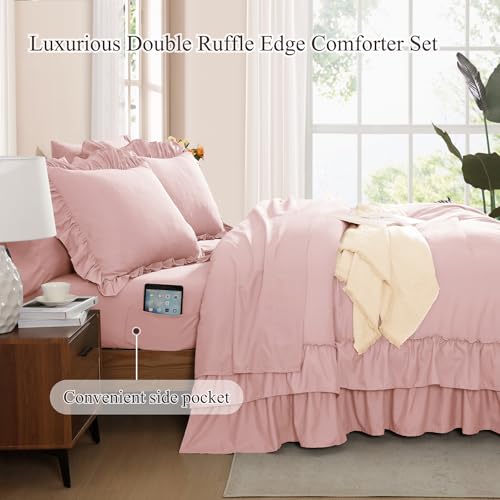 King Size Comforter Set Soft Pink Ruffle 7 Pieces Farmhouse Bed in a Bag