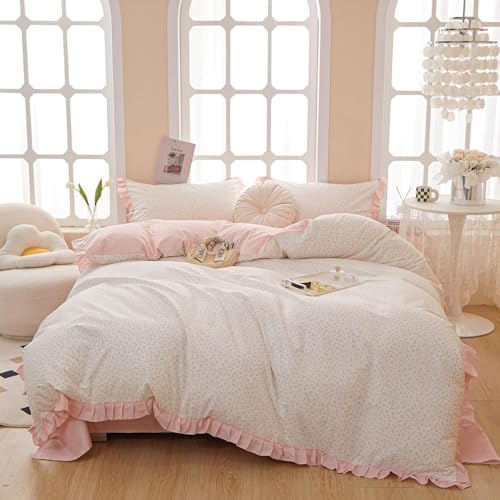 Pink Flower Comforter Set Full Vintage Coquette Bedding Comforter Cottagecore Floral Comforter Set with Elegant Ruffles Soft Fluffy Lightweight Botanical Bedding Set for Girls Women