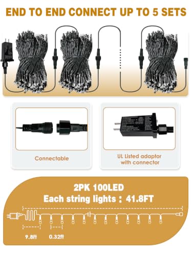 2 Pack Extendable Christmas String Lights Indoor Outdoor 200 LED Warm White