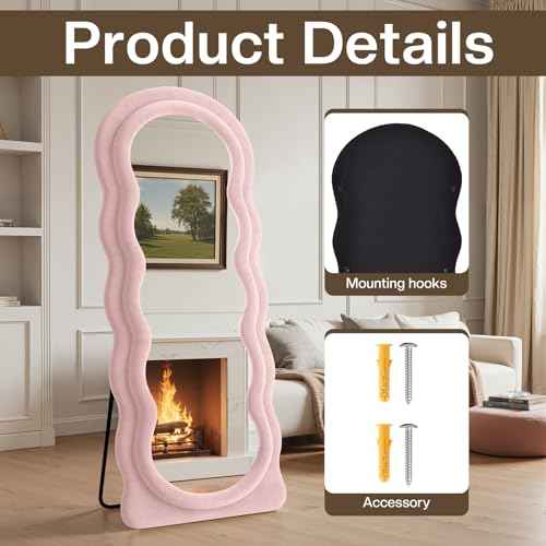 Full Length Mirror 71"x30" Irregular Wavy Full Body Wall Mounted Floor Mirror with Stand Pink Flannel Frame Leaning Hanging Wall for Bedroom Entrance Hallway