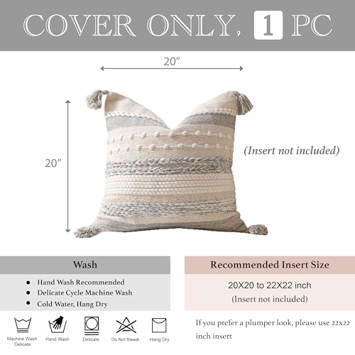 Gray Boho Decorative Throw Pillow Cover 20x20 Square Farmhouse Accent Cushion for Couch Sofa Livingroom Bedroom Pillowcase Modern Home Décor
