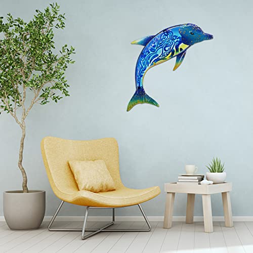 Dolphin Wall Decor Outdoor Metal FIsh Sea Hanging Art Glass Sculptures Home Ocean Theme Decorations for Living Room