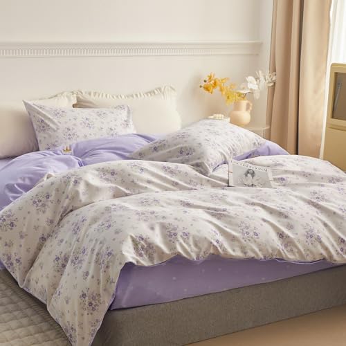 Vintage Floral Comforter Set Queen Purple Flower Bedding Comforter for Queen Bed Boho Garden Floral Botanical Comforter with 2 Pillowcases Farmhouse Bedding Girls Floral Comfy Comforter Set