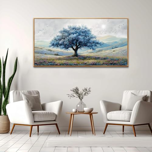 Wood Framed Canvas Wall Art For Living Room Large Wall Decor For Office Bedroom Decorations Blue Tree Landscape Pictures Farmhouse Paintings Artwork Wall Mural Modern Home Decor 30x60 In