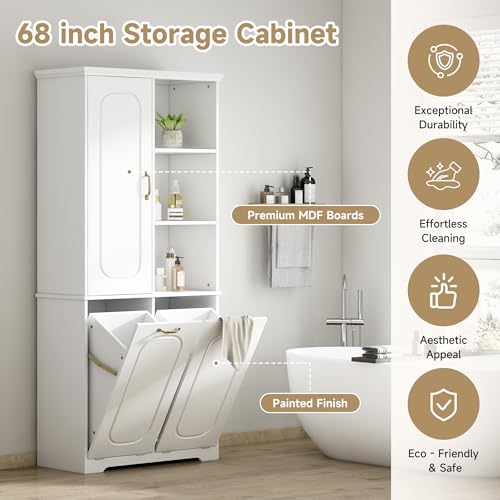 68" Tall Bathroom Storage Cabinet with One Door Shelf and Two Laundry Hampers for Home Display Organizer