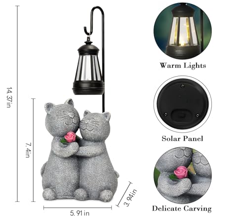Outdoor Cat Garden Statues with Solar Lantern