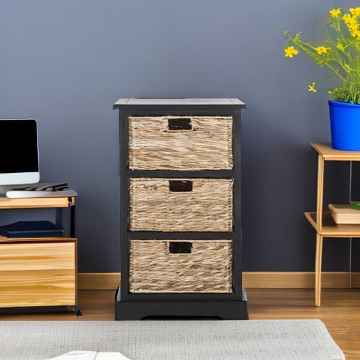 SAFAVIEH Home Collection – Halle Distressed Black Storage Side Table with Wicker Baskets, Farmhouse Accent Storage, Fully Assembled (AMH5738A)