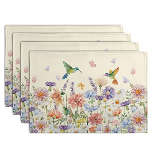 Flowers Bird Spring Summer Placemats Set of 4 Watercolor Floral Hummingbird Butterfly Place Mats 12x18 Inch Wildflowers Grass Seasonal Farmhouse Linen Table Mat for Kitchen Dining Decor (4 Count)