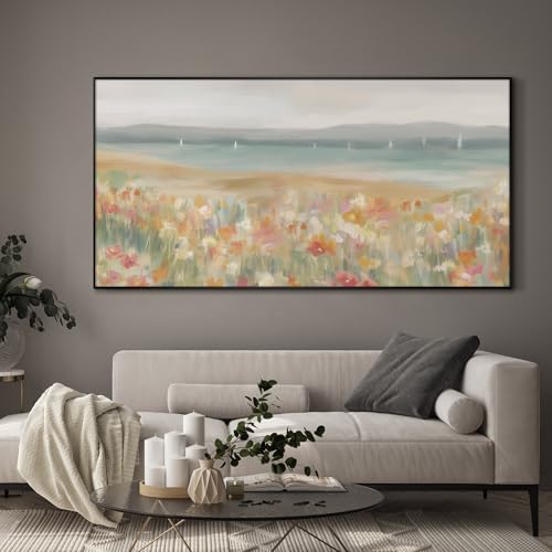24"x46" Extra Large Framed Wall Art Coastal Flower Field with Sailing Boats Serene Landscape Illustration for Home Living Room Bedroom Decor