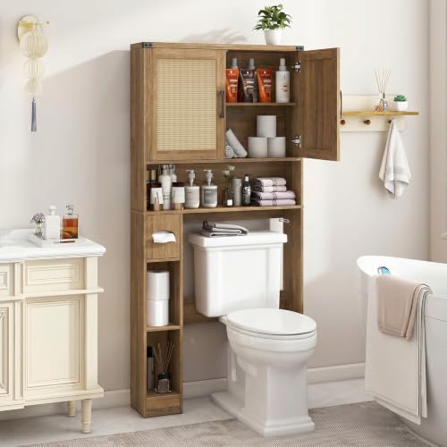 Over The Toilet Storage Cabinet with 2 Rattan Barn Doors