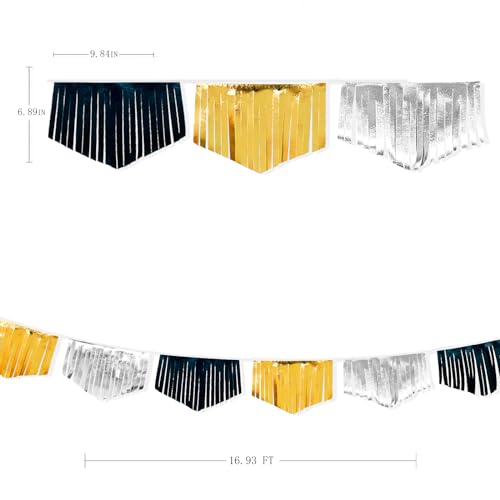 Black Silver Gold Tassel Banner Double Sided Metallic Fabric Pennant Bunting Flag Garland for Graduation Birthday Anniversary Bachelorette Engagement Wedding Bridal Shower Party Decorations Supplies (16.93 Foot)
