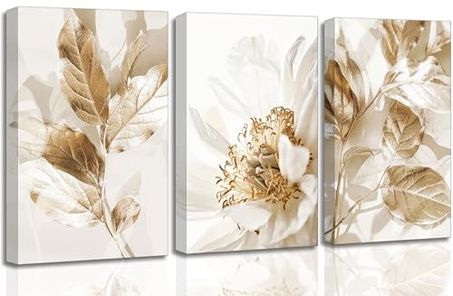 3 Pcs Modern White Gold Floral Leaves Canvas Wall Art 16x24in (3 Count)