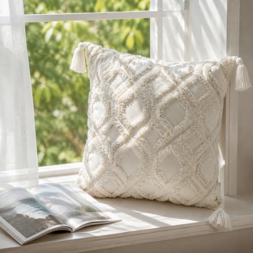 Boho Pillow Covers 18X18 Inch Boho Tufted Throw Pillow Covers Decorative Tassels Cushion Cover Farmhouse Pillow Case for Couch Sofa Bed Living Room Bedroom