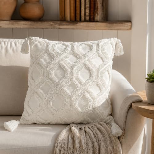 Boho Pillow Covers 18X18 Inch Boho Tufted Throw Pillow Covers Decorative Tassels Cushion Cover Farmhouse Pillow Case for Couch Sofa Bed Living Room Bedroom