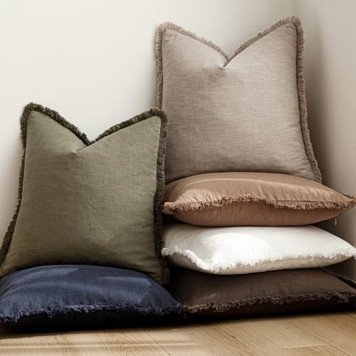 Boho Linen Fringe Lumbar Throw Pillow Covers 12×24 Natural Linen