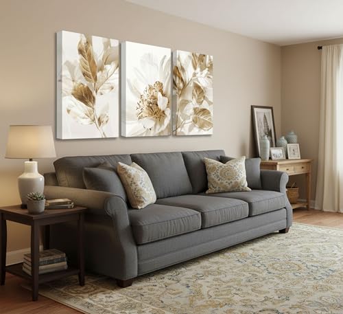 3 Pcs Modern White Gold Floral Leaves Canvas Wall Art 16x24in (3 Count)