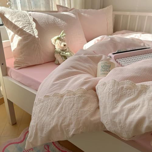 Pink Gingham Comforter Set Twin XL Fluffy Soft Princess Style Girls Lace Bedding Set Vintage Plaid Checkered Comforter with 2 Pillowcases Farmhouse Gingham Bedding Grid Bed Comforter Set