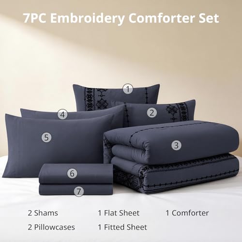 King Size Comforter Set Embroidery Floral 7 Pieces Bed in a Bag