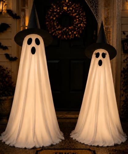 2 Pack Lighted Halloween Ghost Decorations with Remote & Timer (White)