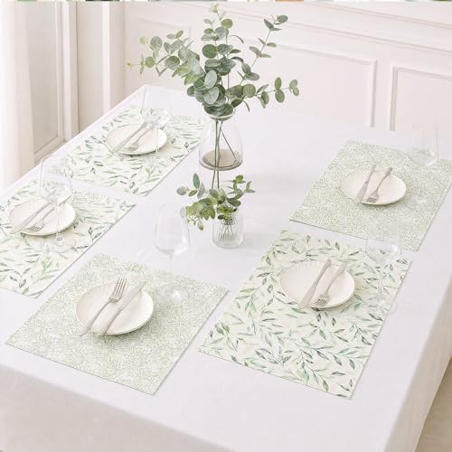Green Floral Leaves Placemats Set of 6 Boho Green Tropical Leaf Plastic Table Mats Floral Place Mats Washable Mid Century Holiday Table Decoration for Indoor Outdoor Party Kitchen Dining (6 Count)