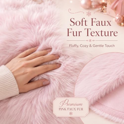 72 Inch Faux Fur Christmas Tree Skirt Pink Plush Skirt for Merry Christmas Party Christmas Tree Decoration