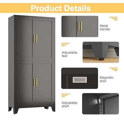 Black Metal Storage Cabinet with 4 Doors and 4 Adjustable Shelves