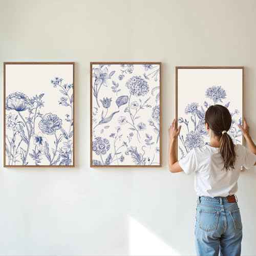 Large Classic Chinoiserie Flower Framed Canvas Wall Art Set (3 Count)