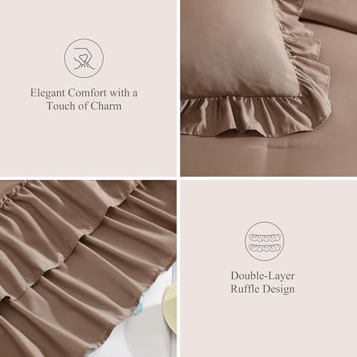 Queen Comforter Set Amber Brown Ruffle 7 Pieces Farmhouse Bed in a Bag