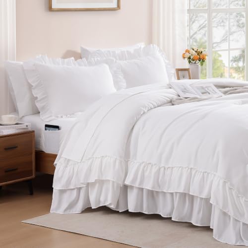 Queen Comforter Set White Ruffle 7 Pieces Farmhouse Bed in a Bag