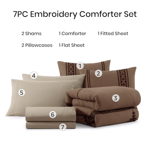 Embroidery King Size Comforter Set 7 Pieces Brown Bed in a Bag