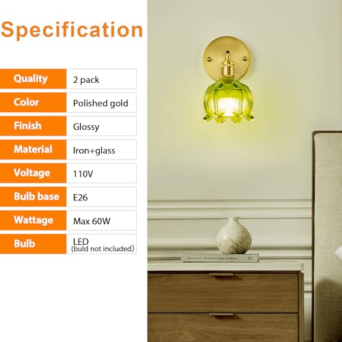 Vintage Wired Wall Sconce Set of 2 Hardwired Wall Light with Green Tulip Glass Shade (2 Count)