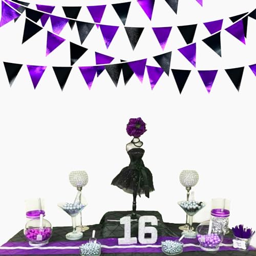 Purple and Black Party Decorations Metallic Fabric Triangle Pennant Banner Flag Bunting Garland for Graduations Birthday Retirement Wedding Baby Shower Bachelorette Halloween Outdoor Party Supplies (36 Count)