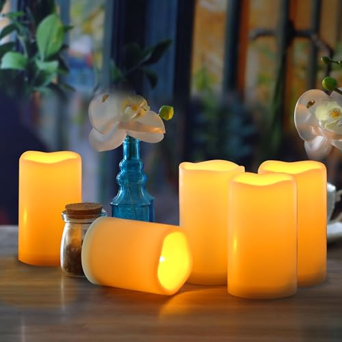 Waterproof Outdoor Battery Operated Flameless Candles with Remote Timer Plastic Realistic Flickering Fake Electric LED Pillars Lantern Garden Wedding Christmas Decorations 3”x5” 6 Pack