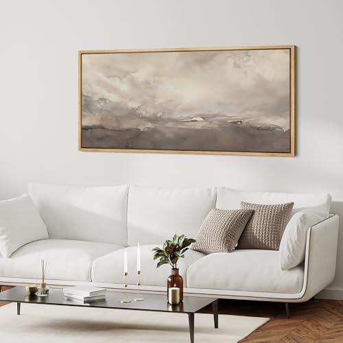 Extra Large Framed Canvas Print Wall Art Misty Landscape Neutral Tranquil Abstract Nature Painting in Earth Tones Illustrations Decorative Colorful Multicolor for Bedroom