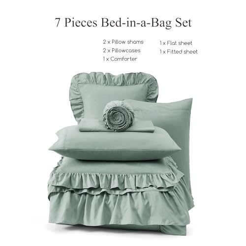 King Size Comforter Set Sage Green Ruffle 7 Pieces Farmhouse Bed in a Bag