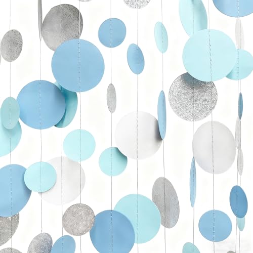 Dusty Blue Silver White Polka Dots Garland Hanging Paper Circle Dot Streamer for Nautical Birthday Wedding Engagement Bridal Shower Retirement Graduation Hen Party Decorations Supplies