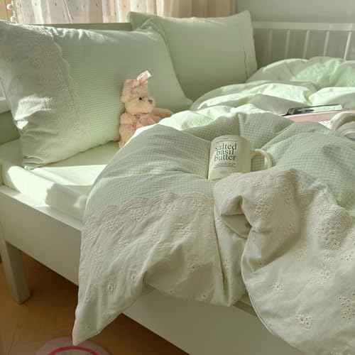 Green Gingham Comforter Set Full Size Princess Lace Style Vintage Plaid Checkered Comforter Chic Gingham Farmhouse Bedding Set Lightweight Fluffy Soft Green Plaid Grid Comforter Set Full