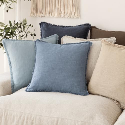 Decorative Linen Fringe Throw Pillow Covers 16×16 Misty Blue (2 Count)