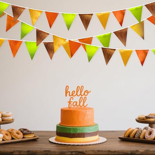 Fall Party Decorations Orange Green Gold Brown Metallic Fabric Triangle Pennant Flag Bunting Banner for Fall Autumn Thanksgiving Wedding Birthday Baby Shower Bridal Shower Engagement Party Supplies (36 Count)
