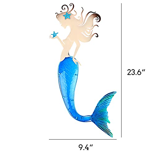 Mermaid Wall Decor Outdoor Metal Fish Bathroom Hanging Art Glass Blue Ocean Theme Decorations for Home