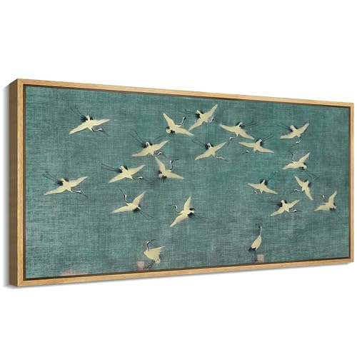 Extra Large Framed Canvas Print Wall Art Serene Skies White Birds in Flight on Teal Antique Retro Fine Art Illustrations Decorative Colorful for Bedroom
