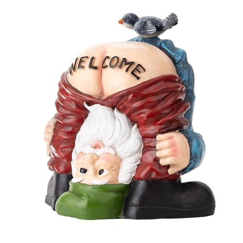 22" Tall Outdoor Mooning "Welcome" Gnome Statue with Bird Figurine