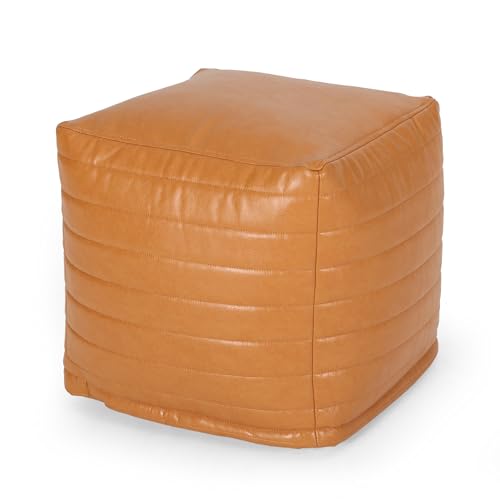 Contemporary Faux Leather Channel Stitch Pouf Ottoman Foot Stool