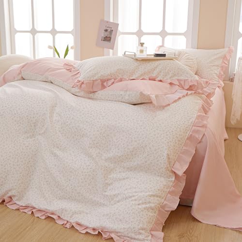 Pink Flower Comforter Set Full Vintage Coquette Bedding Comforter Cottagecore Floral Comforter Set with Elegant Ruffles Soft Fluffy Lightweight Botanical Bedding Set for Girls Women